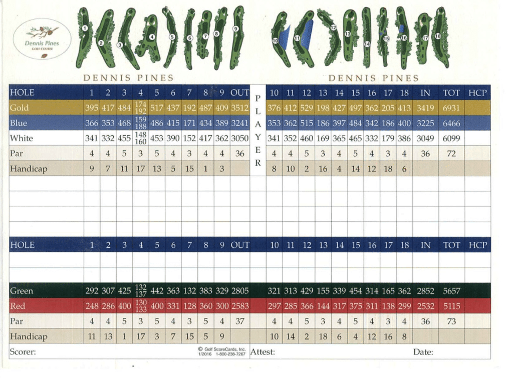 Pines Scorecard Dennis Golf Courses Dennis Pines, Dennis Highlands MA