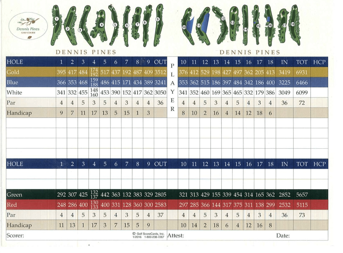 Pines Scorecard Dennis Golf Courses Dennis Pines, Dennis Highlands MA
